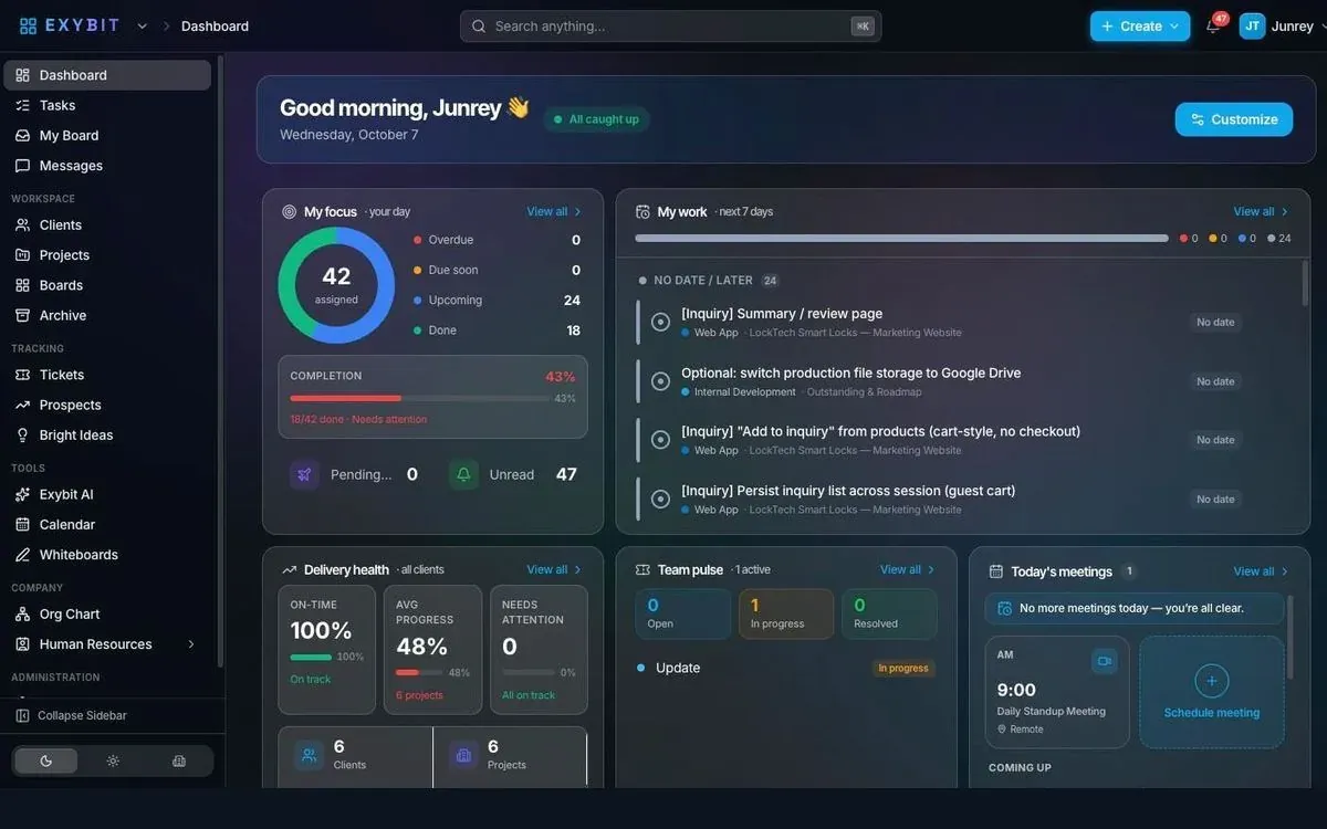 Exybit Boards dashboard with focus, delivery health, team pulse and meetings panels