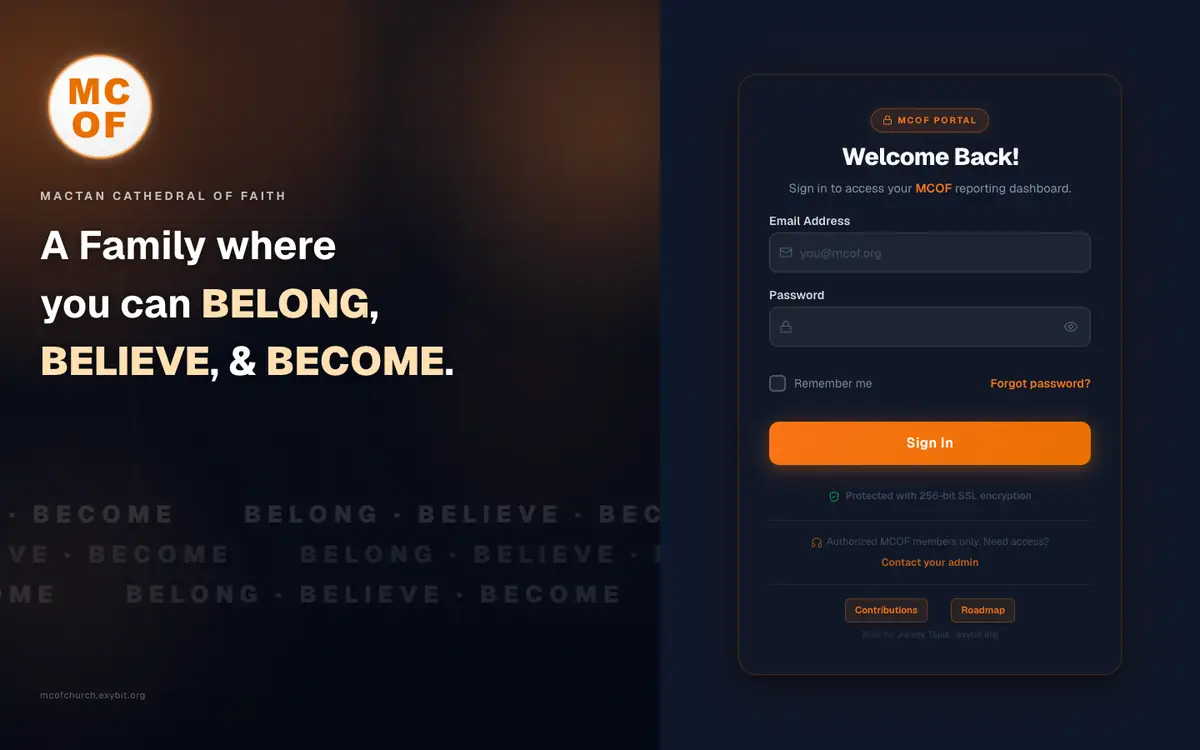 Screenshot of the public mcofchurch.exybit.org page